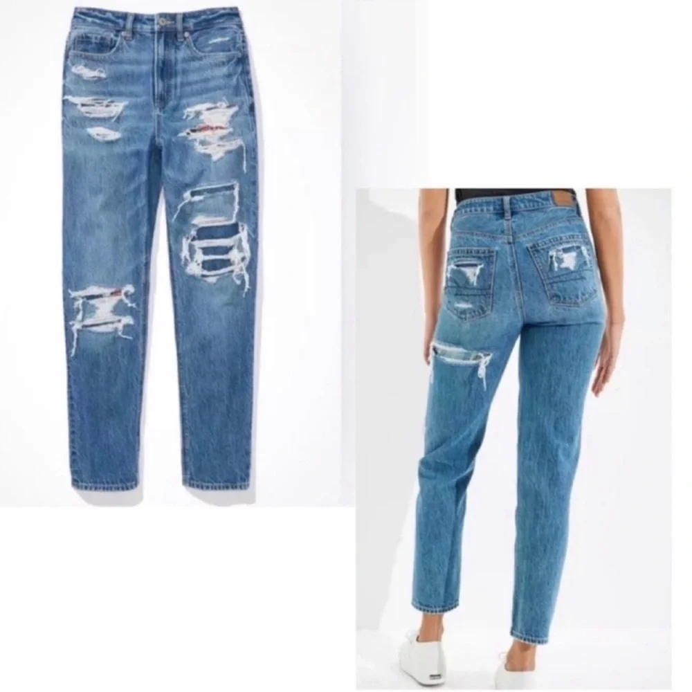 AMERICAN EAGLE NWT High Rise Distressed Plaid Patch Mom Jeans 8 - Picture 13 of 13